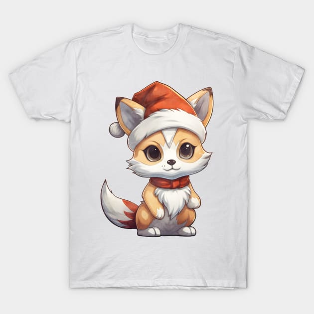 Gray Fox in Santa Hat T-Shirt by Chromatic Fusion Studio